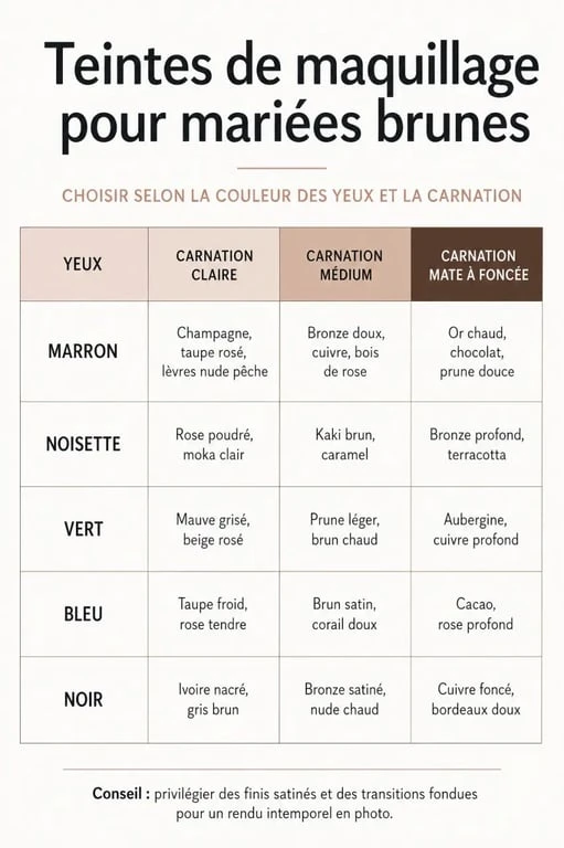Infographie des conseils de maquillage pour mariée brune selon la carnation et la couleur des yeux
