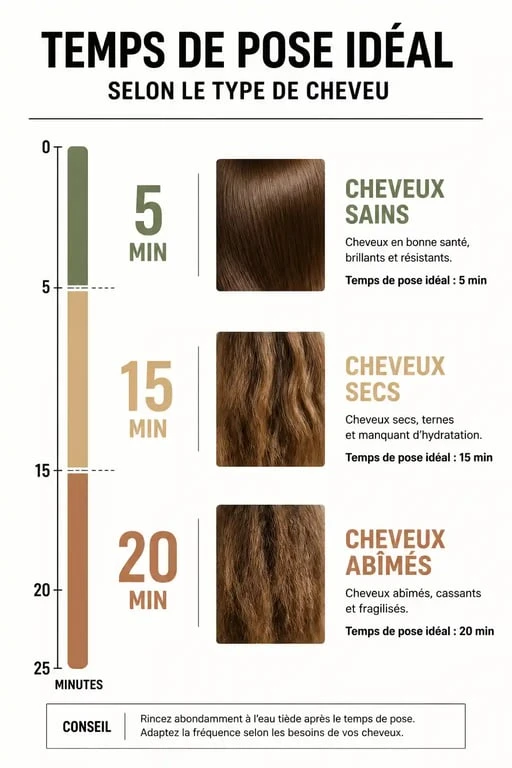 Infographie sur le temps de pose idéal pour un masque cheveux selon le type de cheveu