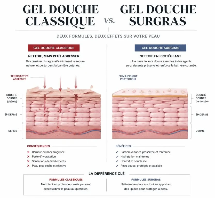 Comparatif gel douche surgras vs classique pour la santé de la peau