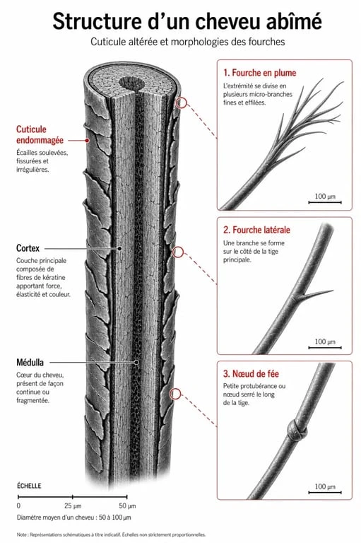 Schéma illustrant les différents types de cheveux fourchus jusqu'à la racine