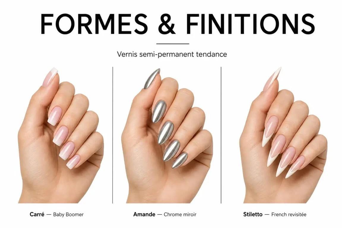 Exemples de modèles de vernis semi-permanent : Baby Boomer, effet chrome et French manucure sur différentes formes d'ongles.