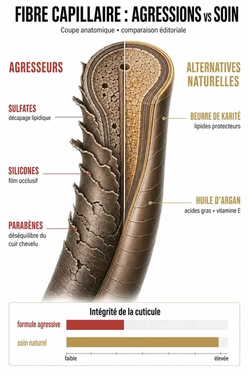 Infographie sur les effets des sulfates, silicones et parabens sur le cheveu pour choisir le meilleur shampoing sans sulfate sans silicone sans paraben