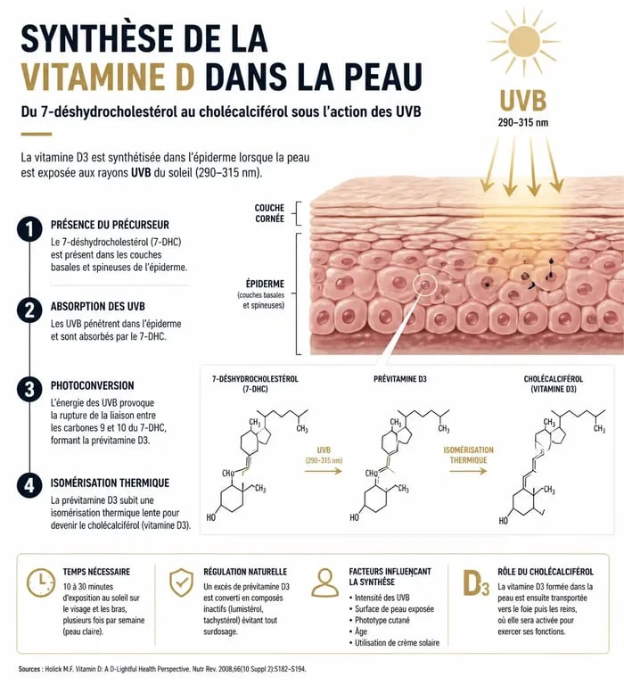 Schéma explicatif de la synthèse de la vitamine D par le soleil dans la peau