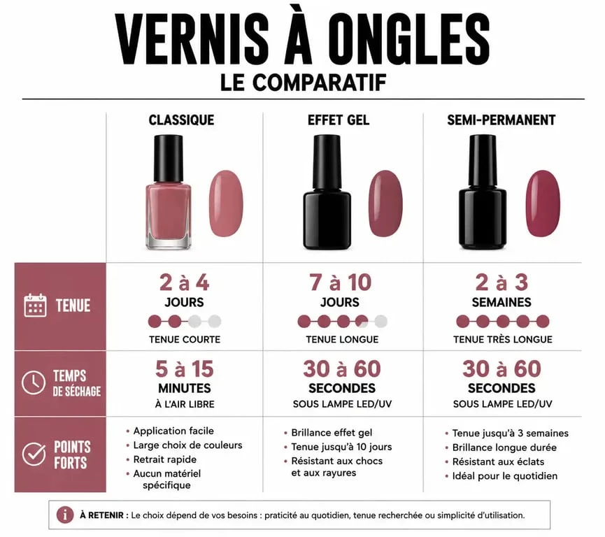 Comparatif des types de vernis à ongles : classique, gel et semi-permanent pour choisir le meilleur vernis à ongles.