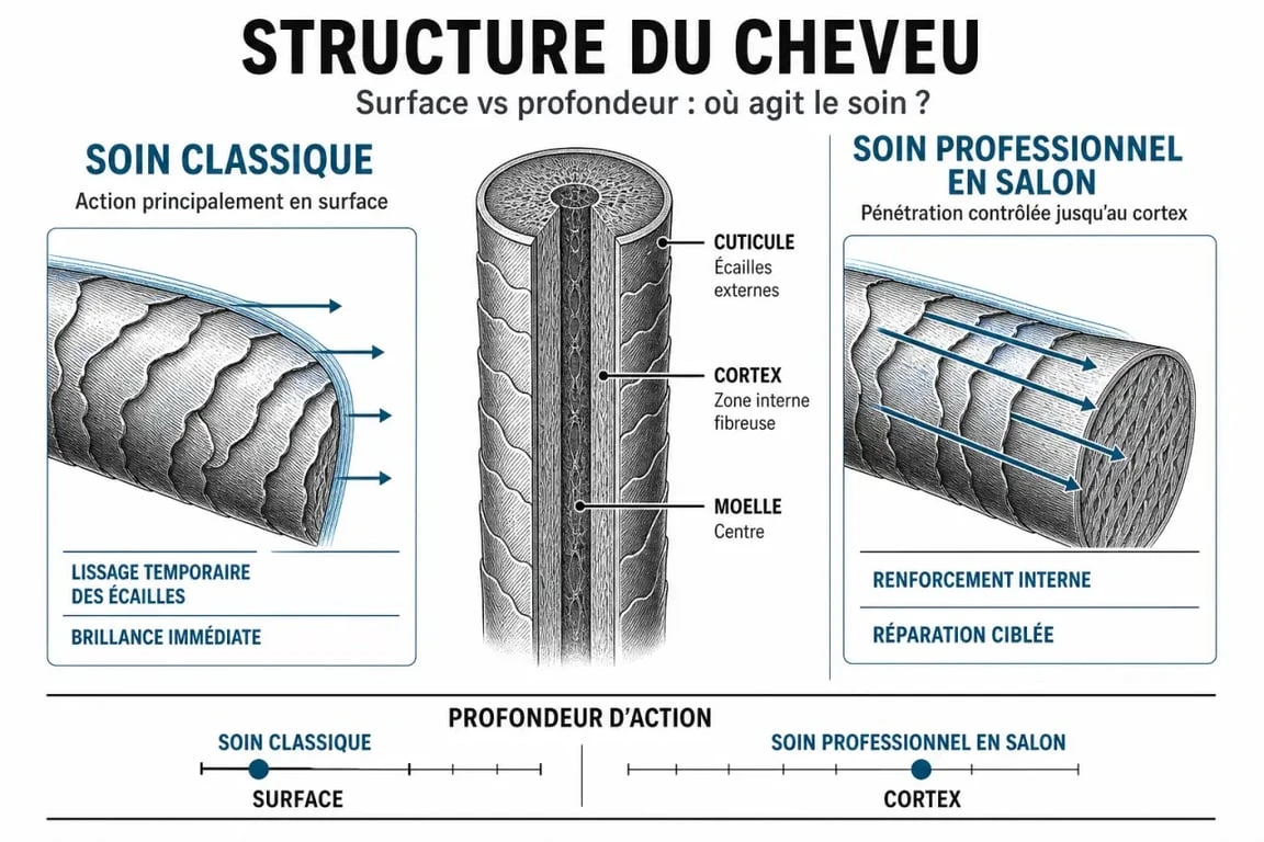 Infographie expliquant l'action d'un soin cheveux coiffeur professionnel sur la fibre capillaire