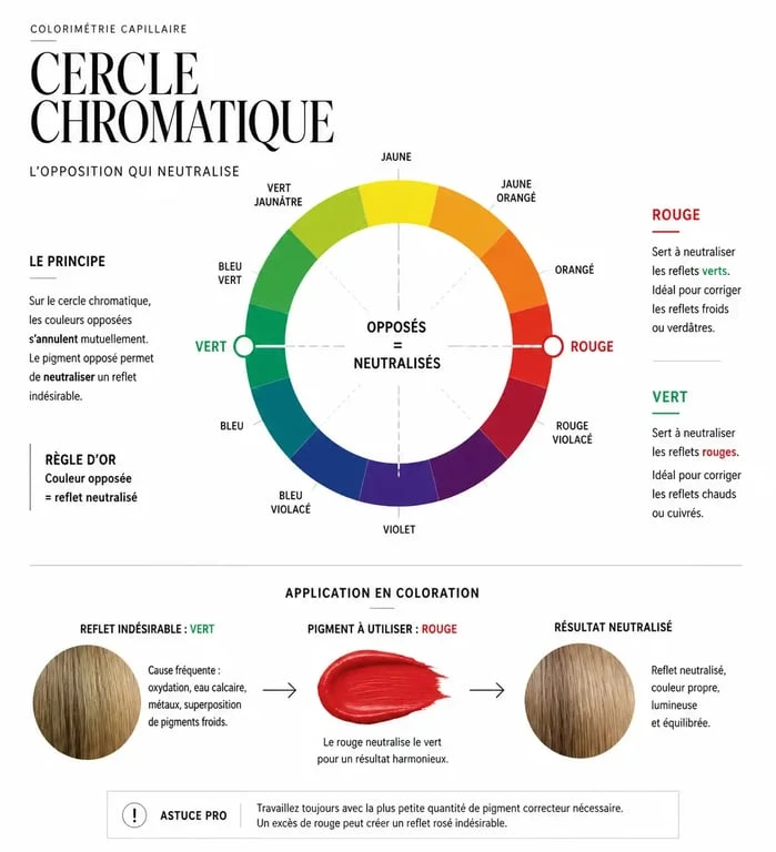 Cercle chromatique illustrant la neutralisation des reflets rouges dans les cheveux