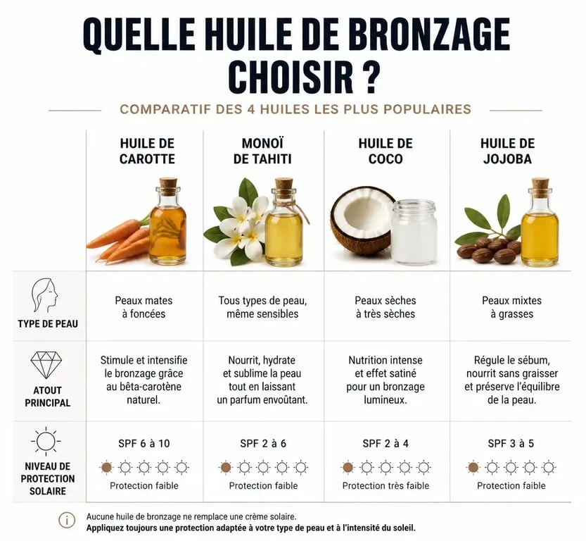 Infographie comparative des meilleures huiles pour bronzer : propriétés et types de peau