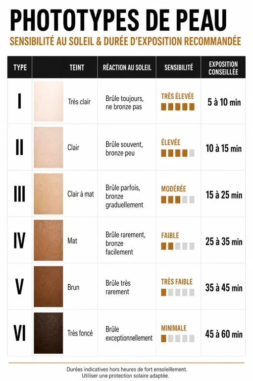 Infographie sur les phototypes de peau et le temps nécessaire pour bronzer en toute sécurité