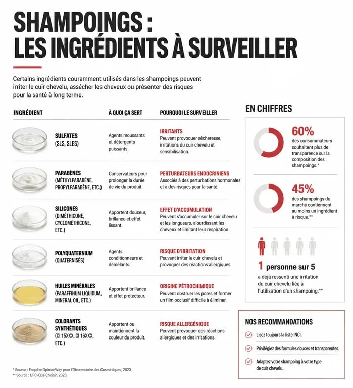 Infographie des ingrédients nocifs dans les shampoings à éviter pour la santé et l'environnement