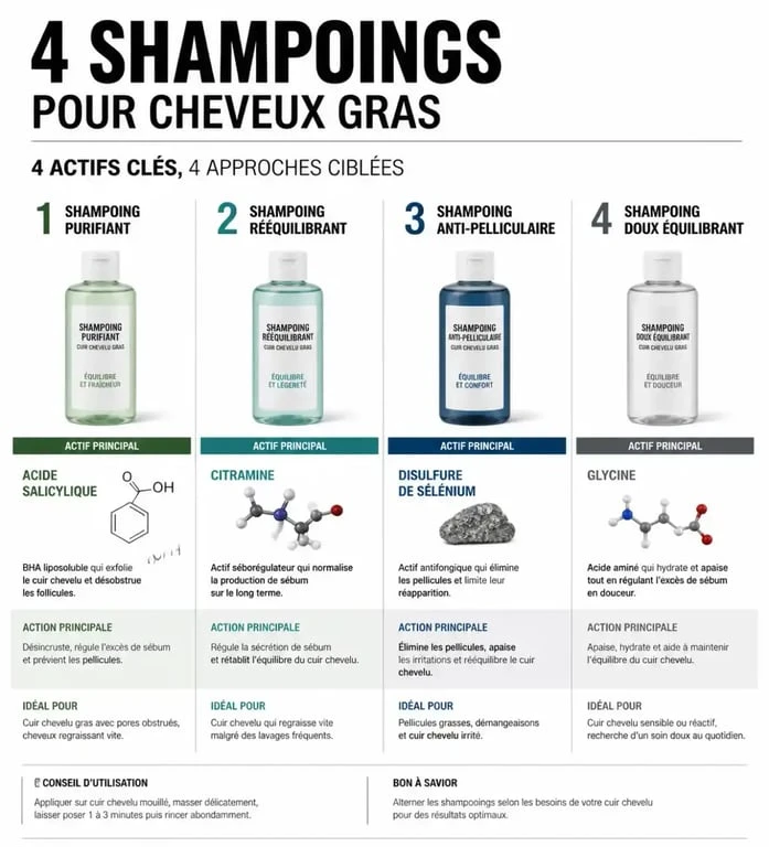 Infographie comparative des meilleurs shampoings pour cheveux gras et leurs actifs principaux