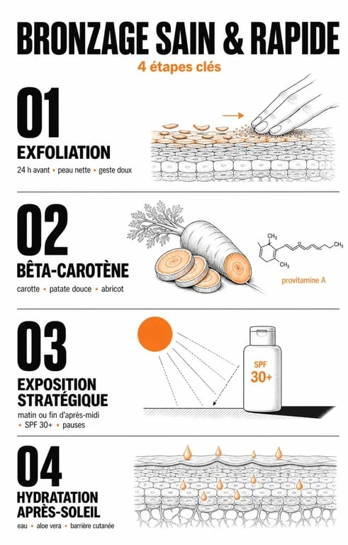 Infographie des étapes pour comment bronzer vite et sainement