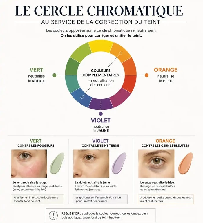 Infographie explicative sur la meilleure CC crème et la correction colorimétrique du teint