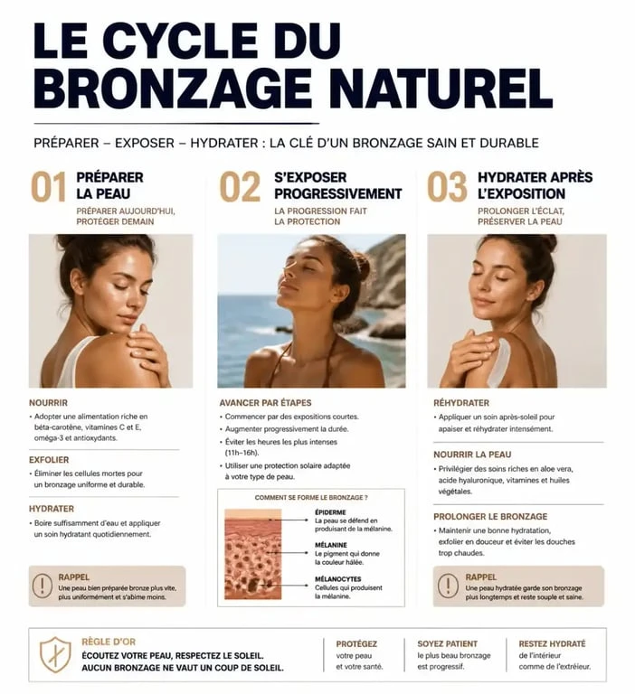 Infographie sur le processus de bronzage naturel et les conseils pour bronzer sans danger