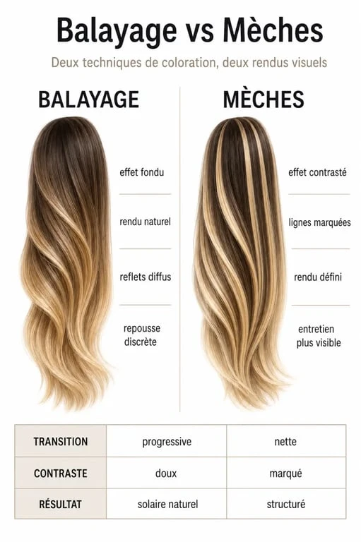 Infographie comparative : différence entre balayage et mèches pour choisir sa coloration