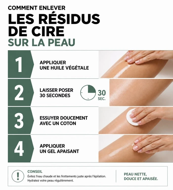 Infographie des étapes pour enlever de la cire sur la peau après l'épilation