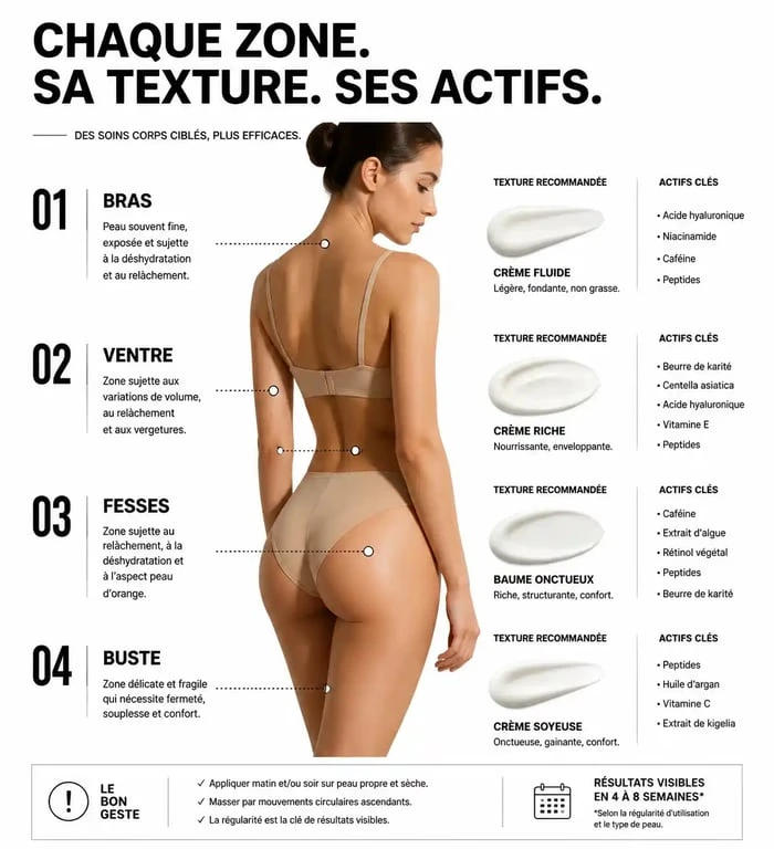 Infographie des meilleures crèmes raffermissantes pour le corps par zone ciblée