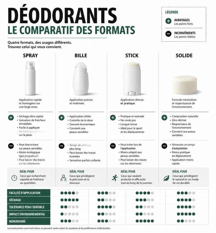 Infographie comparative pour savoir quel déodorant choisir selon son type de peau et ses besoins