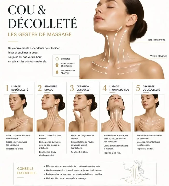 Infographie des techniques de massage pour appliquer la meilleure crème raffermissante pour le cou
