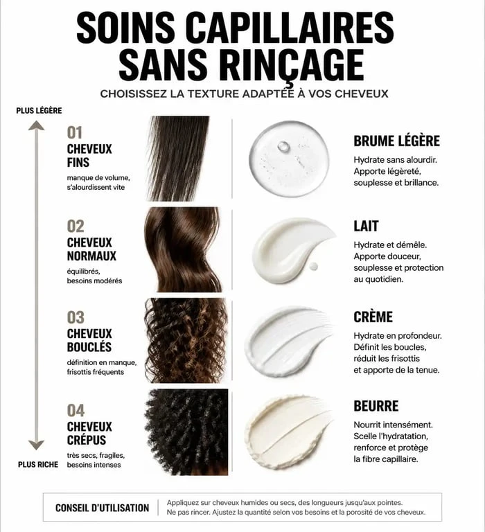 Infographie sur le choix des soins hydratants sans rinçage selon le type de cheveux pour une hydratation optimale.