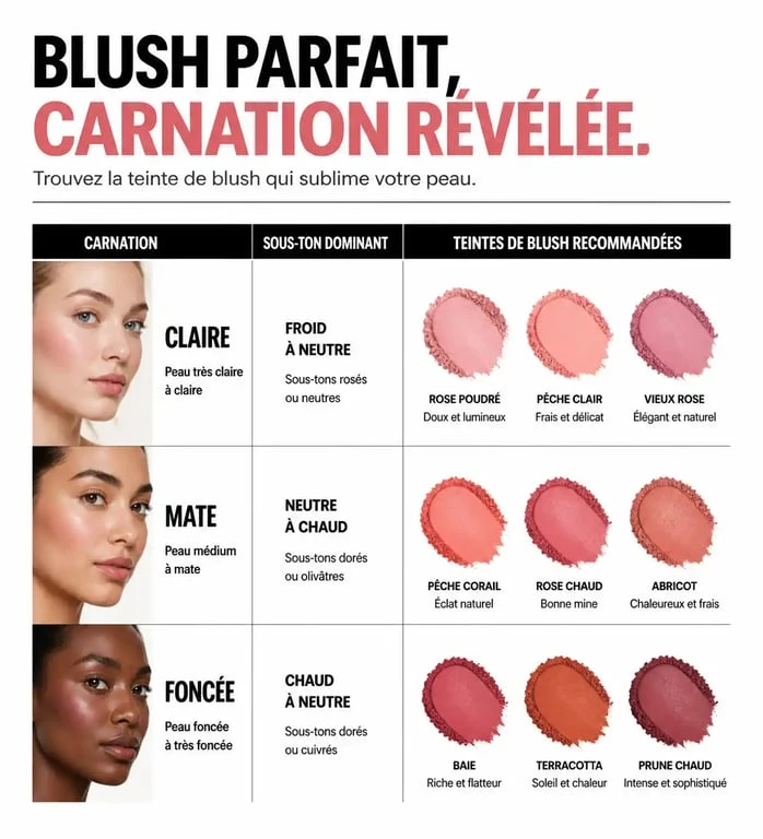 Infographie guide pour choisir la couleur de blush adaptée à votre carnation