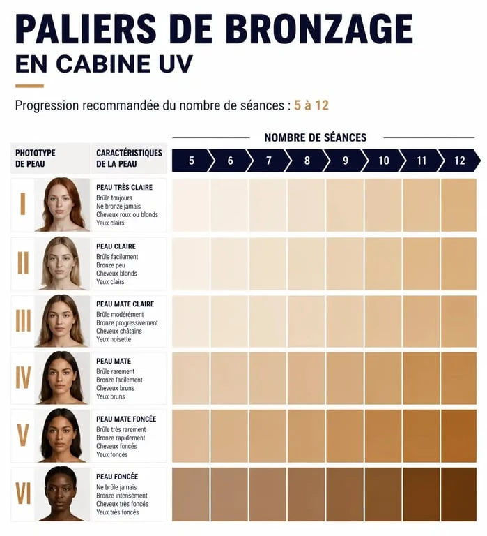 Infographie sur le nombre de séances UV pour bronzer selon le phototype de peau