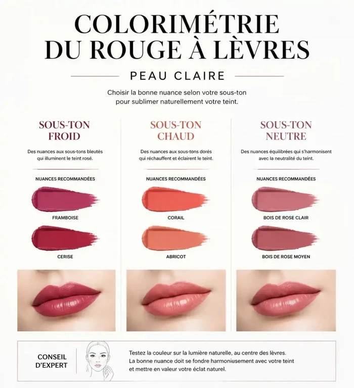 Infographie des couleurs de rouge à lèvres recommandées selon les sous-tons de peau claire