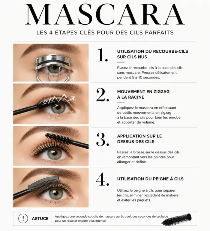 Infographie étape par étape pour apprendre comment mettre du mascara parfaitement