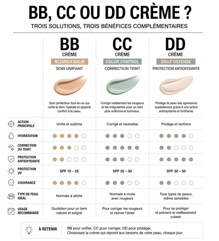 Infographie comparative des différences entre BB crème, CC crème et DD crème selon l'avis des dermatologues