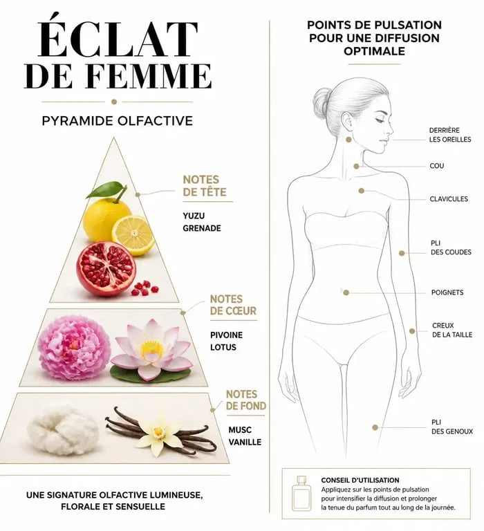 Pyramide olfactive et zones d'application du parfum Éclat de Femme