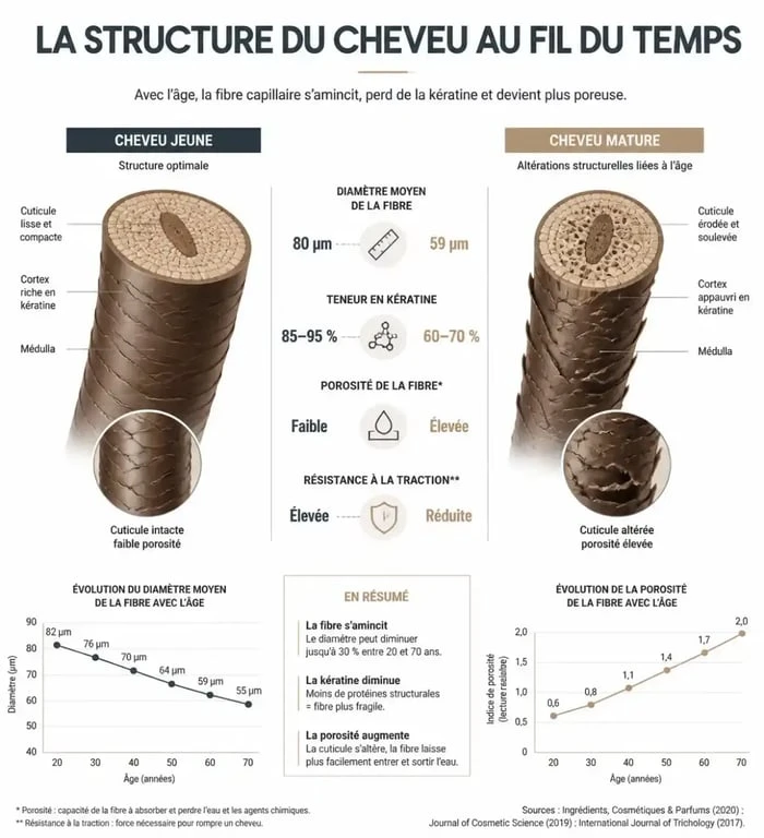Infographie illustrant le vieillissement capillaire et les besoins du meilleur shampoing pour cheveux matures