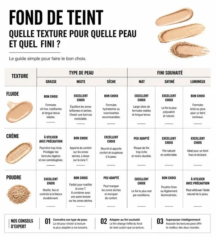 Infographie récapitulative pour choisir le meilleur fond de teint selon son type de peau et le fini souhaité