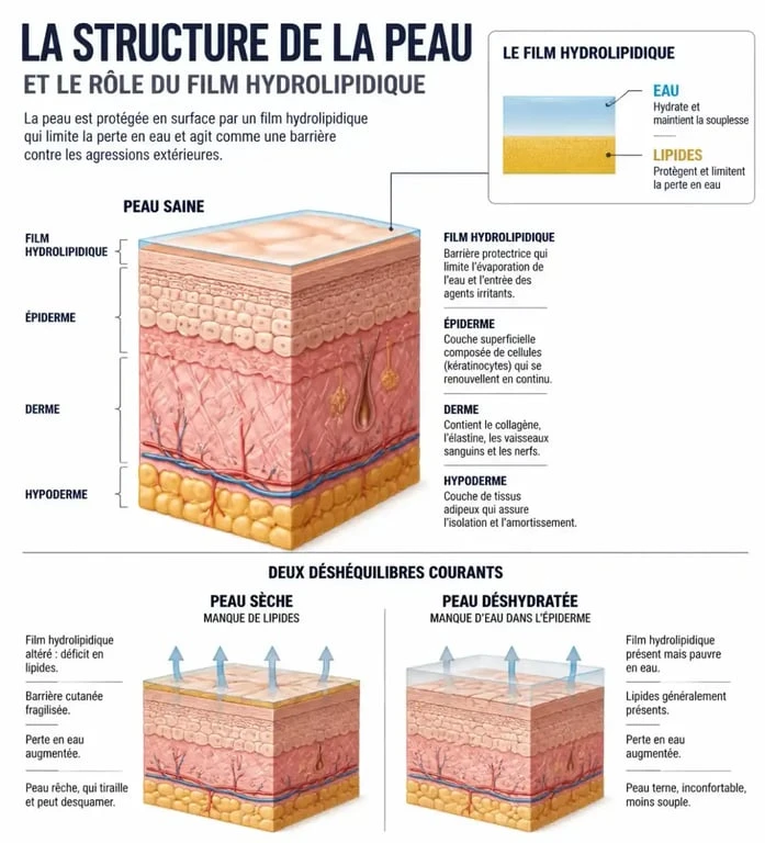 Schéma explicatif sur comment hydrater sa peau : différence entre peau sèche et peau déshydratée