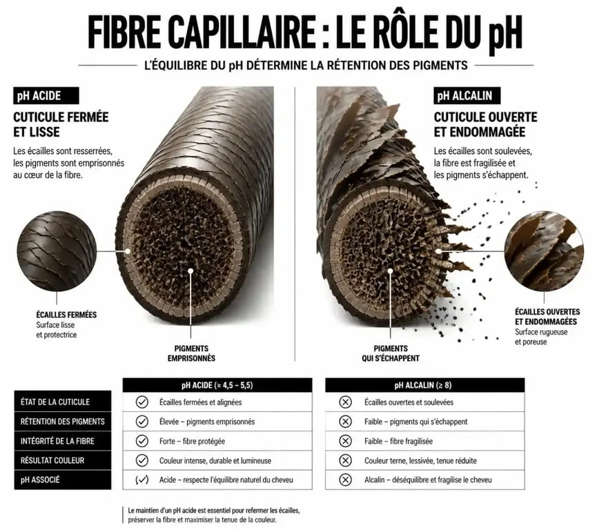 Schéma explicatif de l'effet du pH sur la cuticule du cheveu pour choisir le meilleur shampoing cheveux colorés