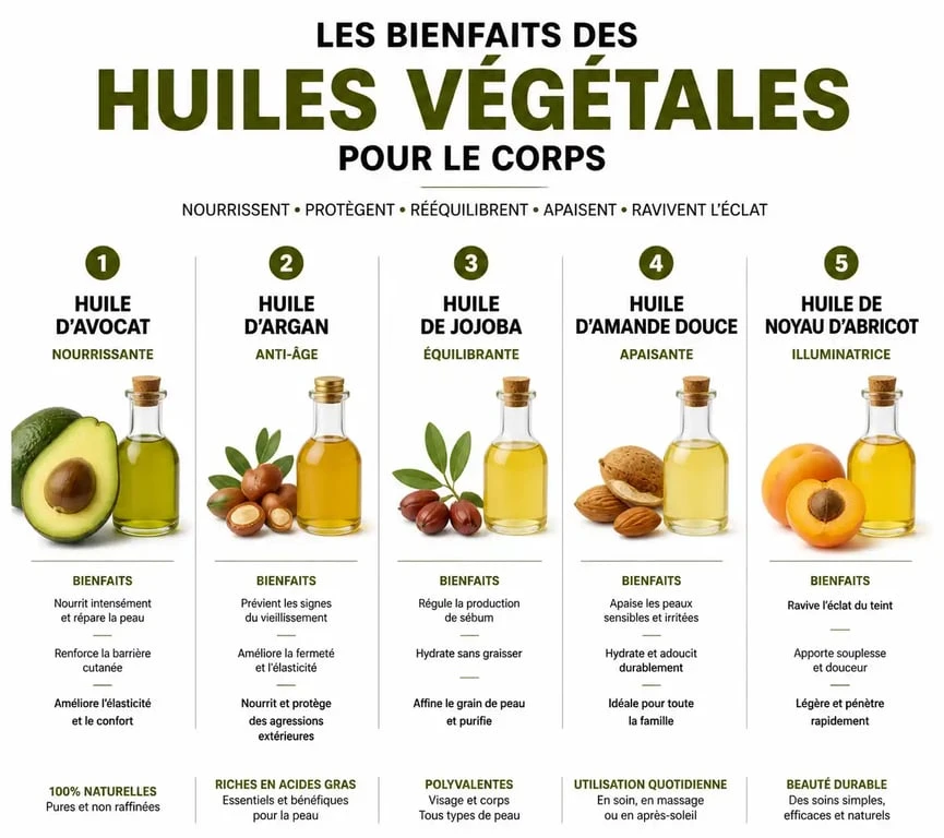 Infographie des bienfaits des huiles végétales pour choisir la meilleure huile corps