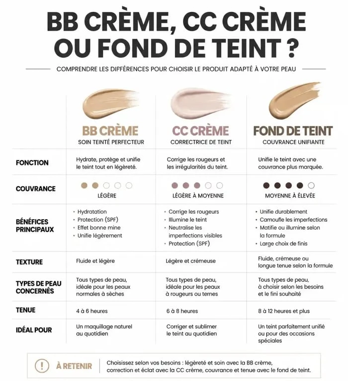 Infographie comparative des différences entre BB crème, CC crème et fond de teint pour choisir le meilleur produit pour votre teint.