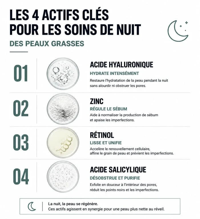 Infographie des actifs clés pour une crème de nuit peau grasse : acide hyaluronique, zinc, rétinol et acide salicylique.