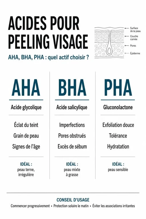 Infographie comparative des acides pour peeling visage en pharmacie : AHA, BHA et PHA pour choisir le meilleur peeling selon son type de peau.