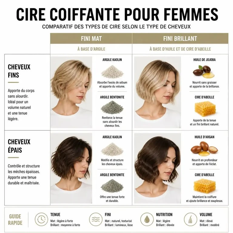 Infographie comparative pour choisir la meilleure cire coiffante femme selon le type de cheveux et l'effet recherché