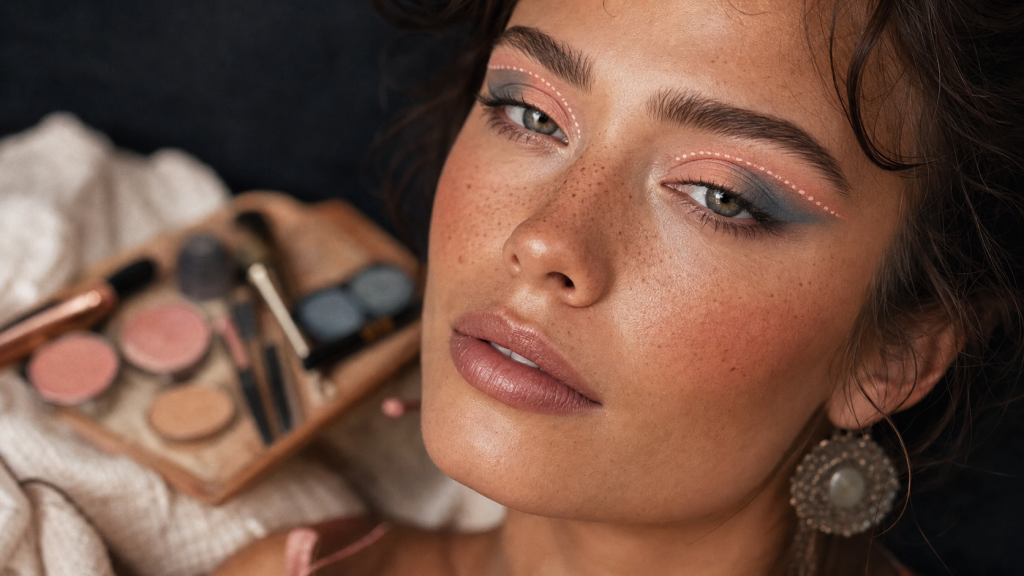 Maquillage hippie lumineux, visage bohème, highlighter et blush pêche