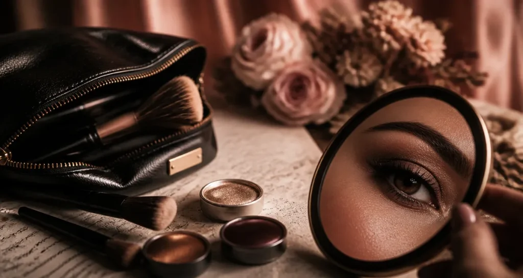 Maquillage yeux marron pour mariage : teintes champagne, cuivre, prune sur fards nude