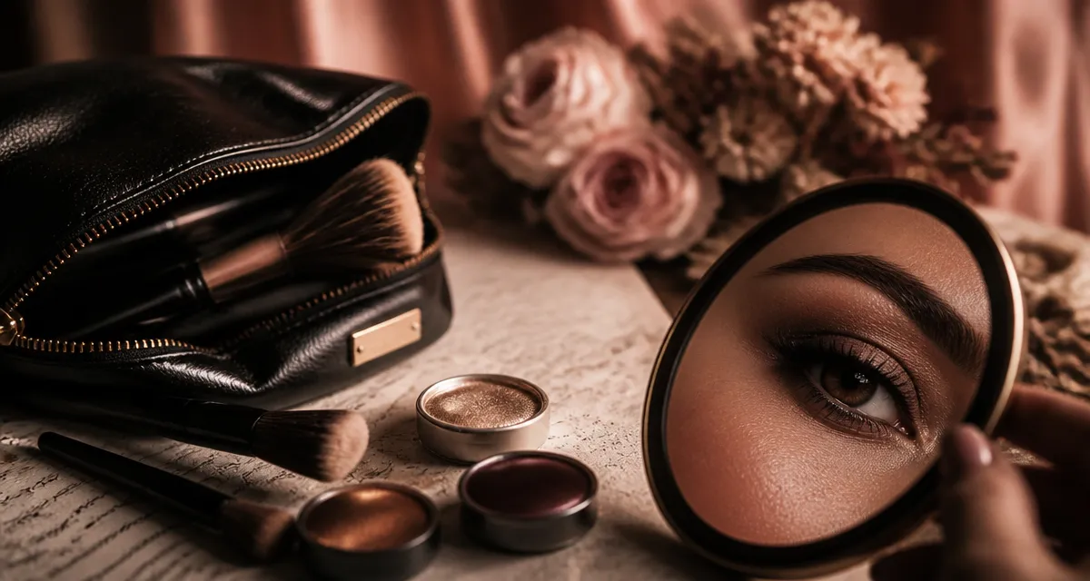 Maquillage yeux marron pour mariage : teintes champagne, cuivre, prune sur fards nude