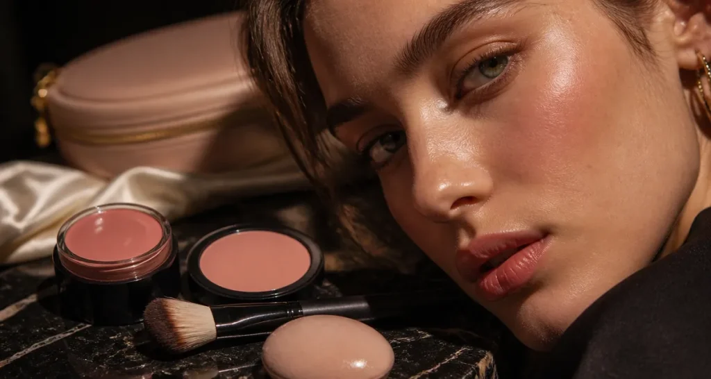 Meilleur blush : blush crème et poudre sur table en marbre, teint frais