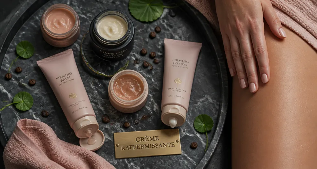 meilleure crème raffermissante corps sur plateau marbre textures