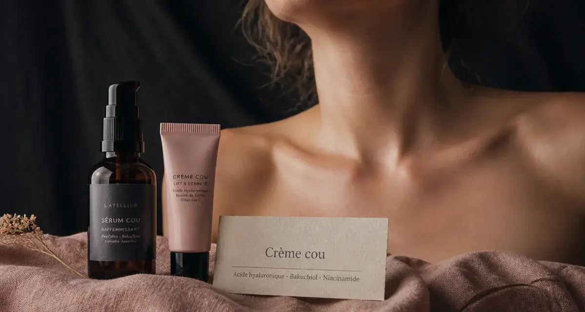 Meilleure crème raffermissante pour le cou : flacon et tube sur serviette, peau du cou