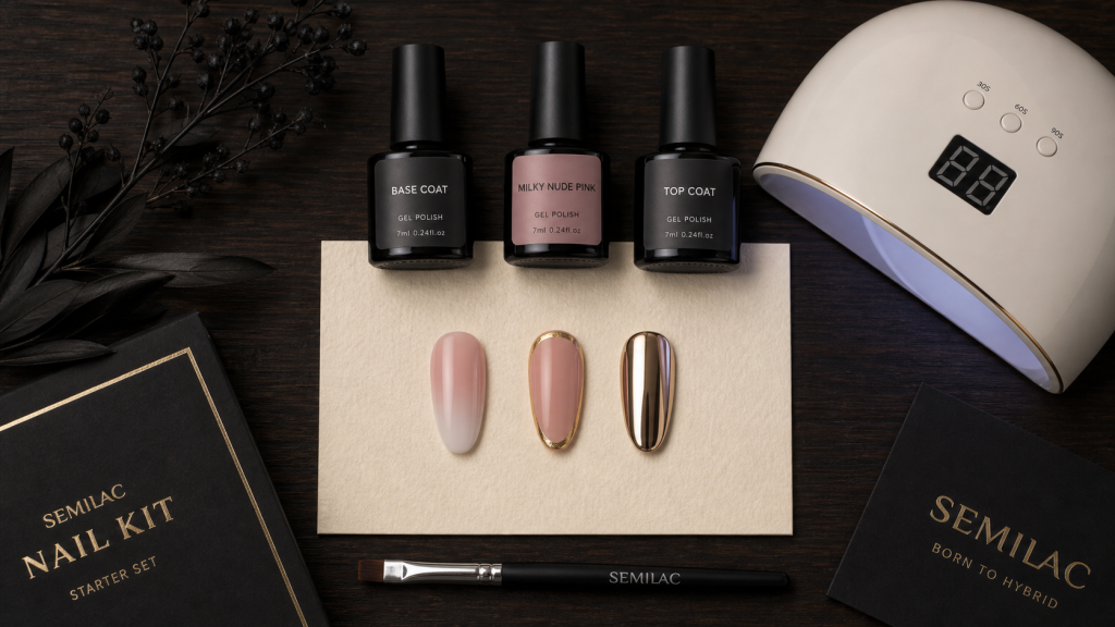Modèle vernis semi permanent, kit gel UV et 5 styles tendance sur table