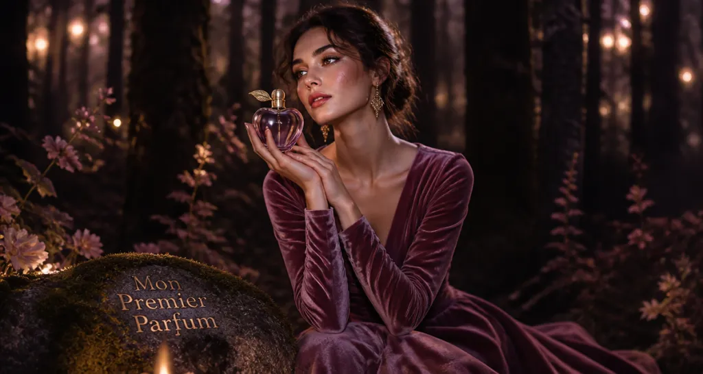 parfum lollita femme robe mauve flacon pomme forêt