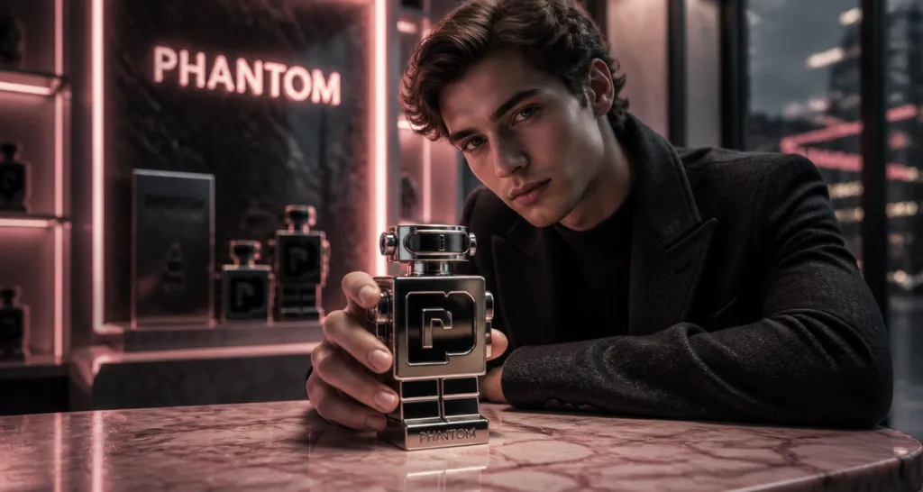 Parfum Phantom homme flacon robot sur table marbre