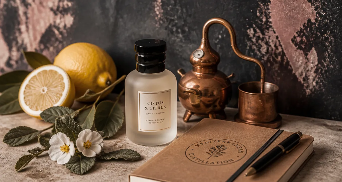 Parfumeur espagnol : flacon de parfum et alambic miniature, ambiance Al-Andalus