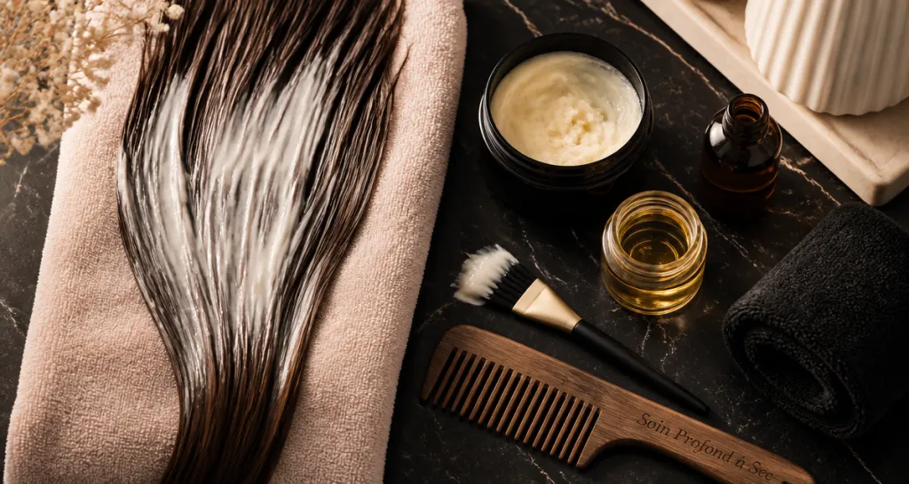 Peut on appliquer un masque sur cheveux secs vue flat lay