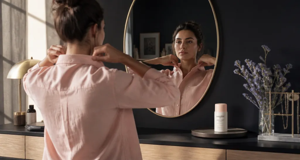 quel déodorant pour odeur forte femme, femme élégante devant miroir